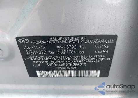 2013 Hyundai Elantra Gls z USA, uszkodzony, nr VIN 5NPDH4AE2DH266219